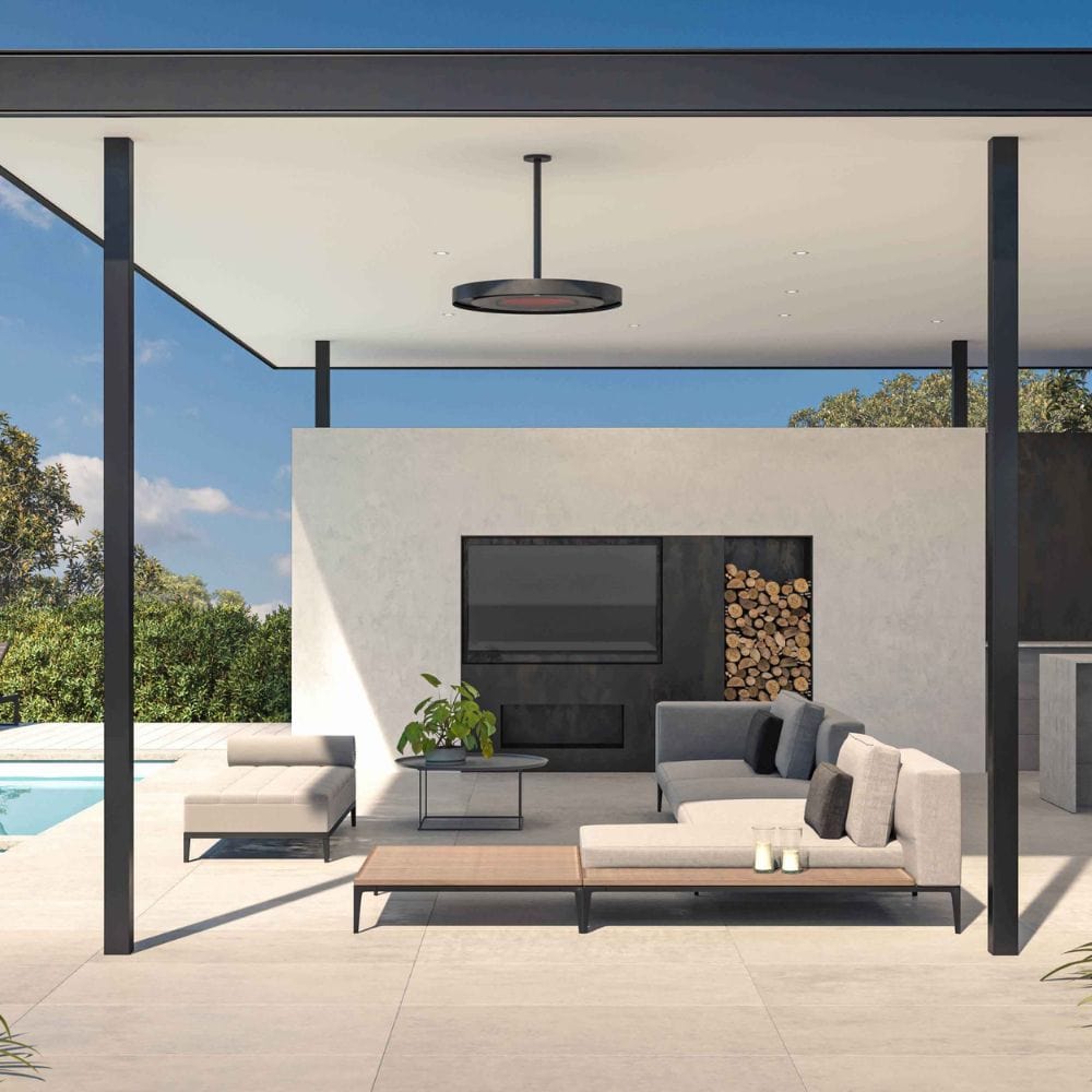 bromic eclipse smart heat electric patio heater ceiling mounted by the pool area