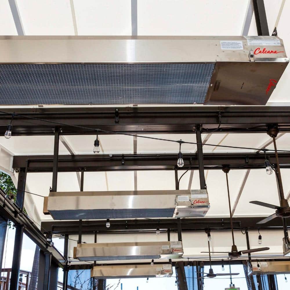 Calcana High Output Stainless Steel Gas Patio Heater ceiling mounted in outdoor area