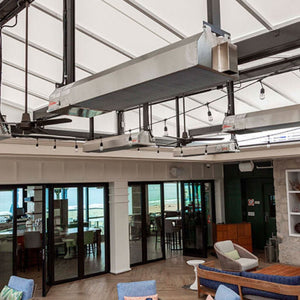 Calcana High Output Stainless Steel Gas Patio Heater installed overhead in a patio