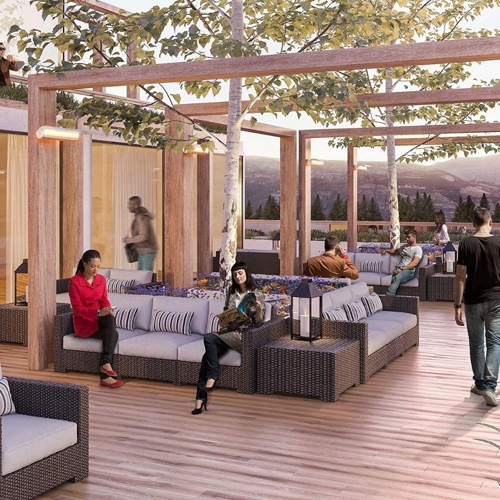 Dimplex DSH20W electric patio heaters in a modern outdoor space