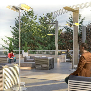 Dimplex DSH20W heaters pole mounted in a contemporary outdoor space