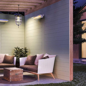 DSHW20W electric patio heater mounted on a wooden wall
