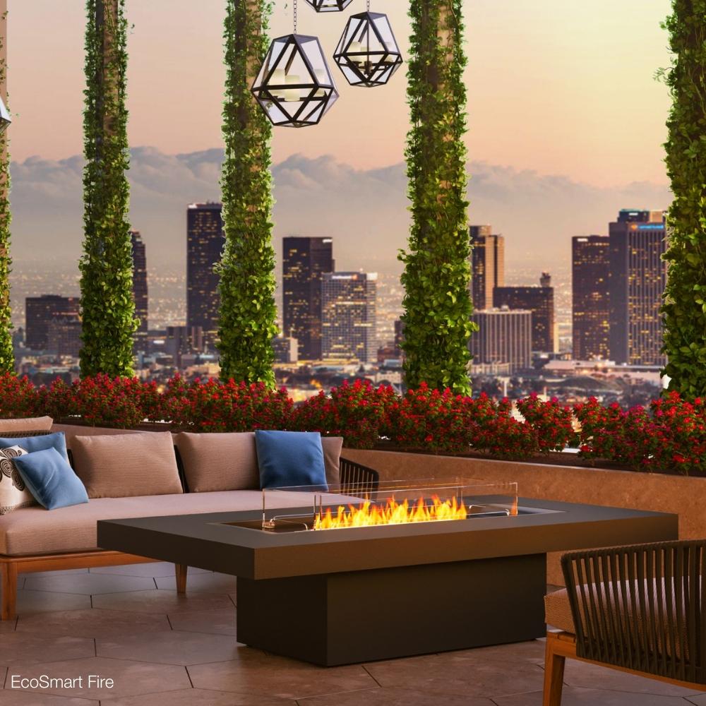 EcoSmart Fire Gin 90 Rectangular Chat Height Fire Pit Table on a roofdeck