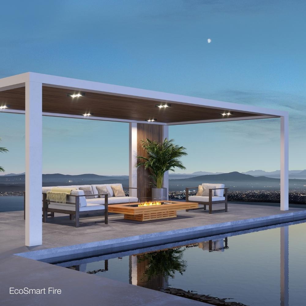 EcoSmart Fire Gin 90 Low 52" Teak Fire Pit Table in Poolside Patio