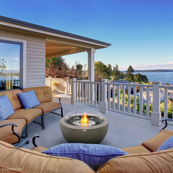 EcoSmart Fire Pod 30-Inch Round Concrete Fire Pit Bowl on a Deck