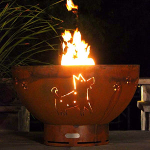 Fire Pit Art Funky Dog 36-Inch Handcrafted Carbon Steel Fire Pit (FDOG) Lit Up at Night Time