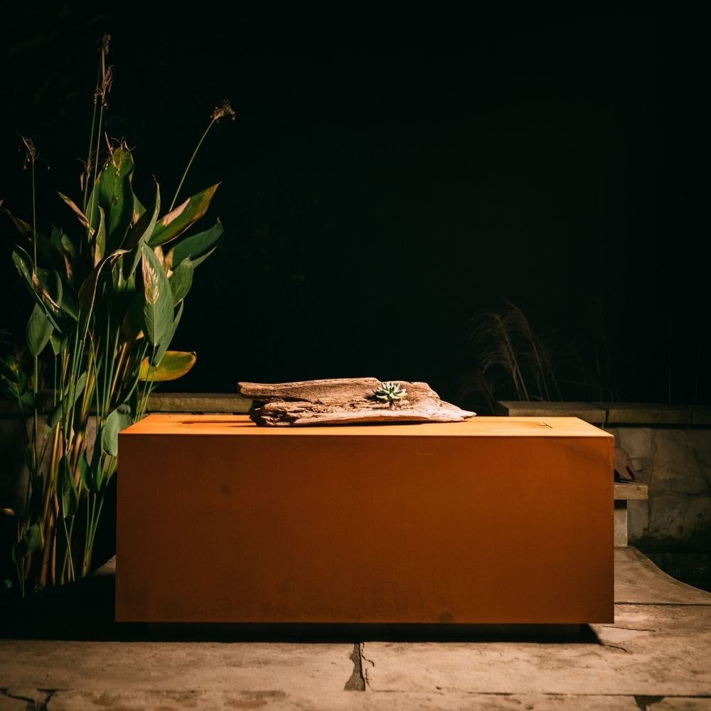 Fire Pit Art Linear 36-Inch Handcrafted Carbon Steel Gas Fire Pit with Bark on Top