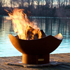Fire Pit Art Manta Ray - 36" Handcrafted Carbon Steel Fire Pit Lit Up Beside A Lake