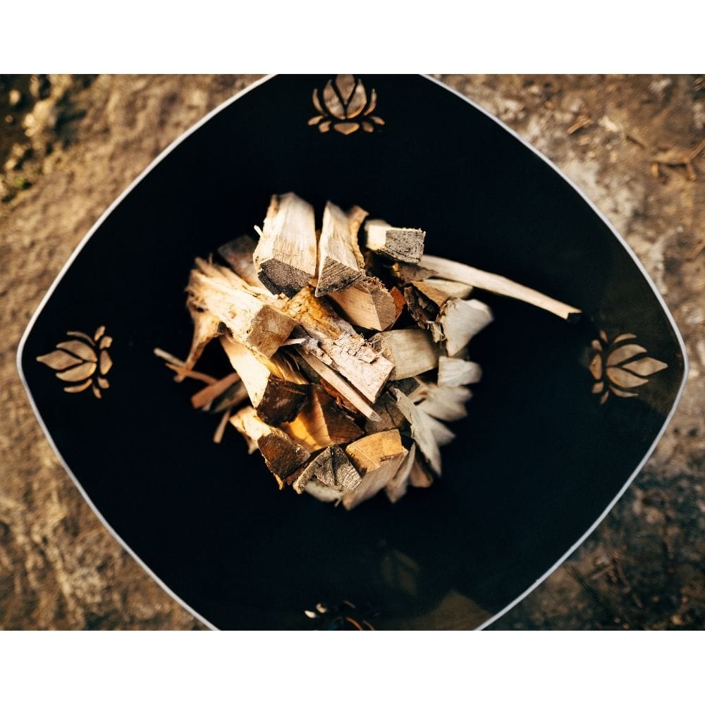 Fire Pit Art Namaste 36-Inch Handcrafted Carbon Steel Fire Pit Top View with Logs