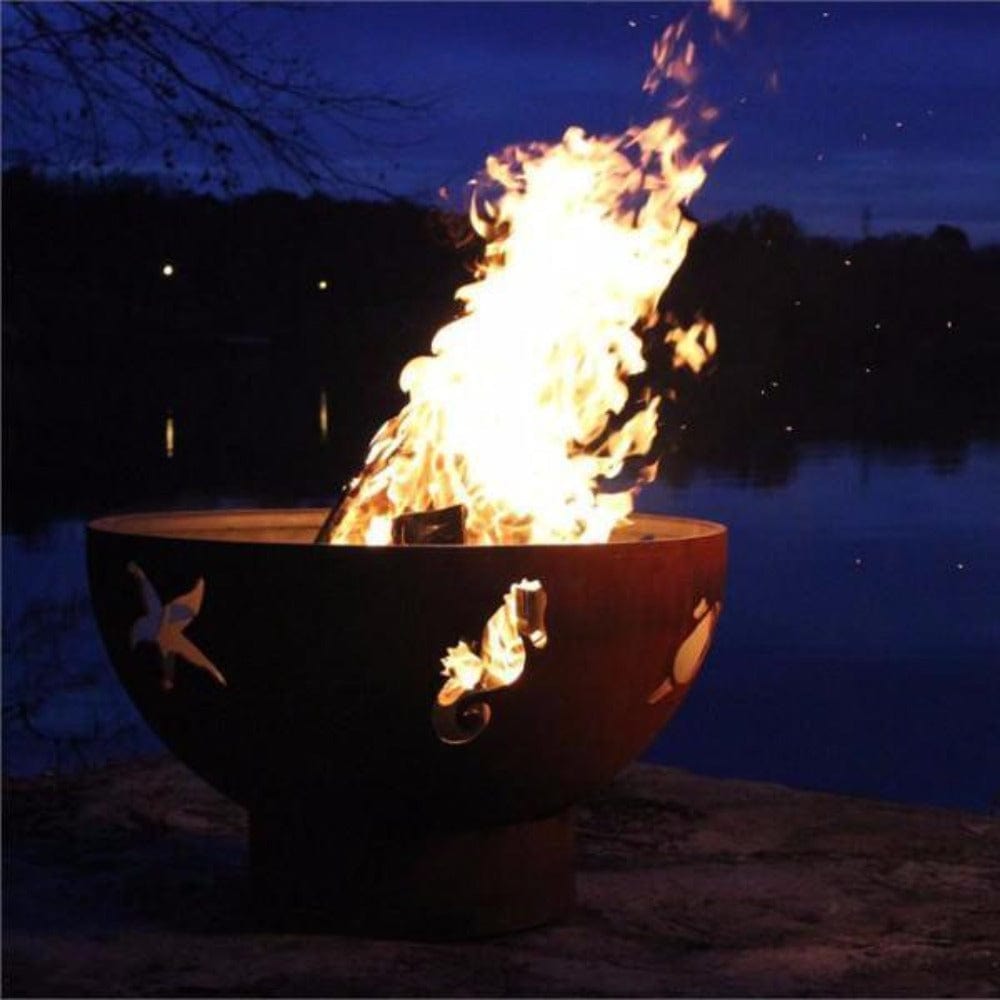 Fire Pit Art Sea Creatures - 36" Handcrafted Carbon Steel Fire Pit With Burning Logs