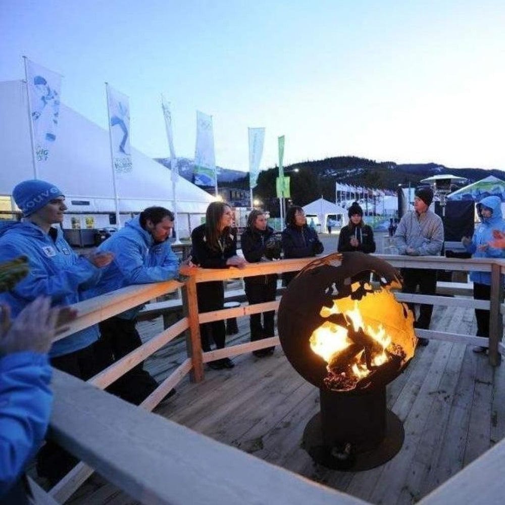 Fire Pit Art Third Rock - Globe Shaped 36&quot; Handcrafted Carbon Steel Fire Pit In A Snowy Area