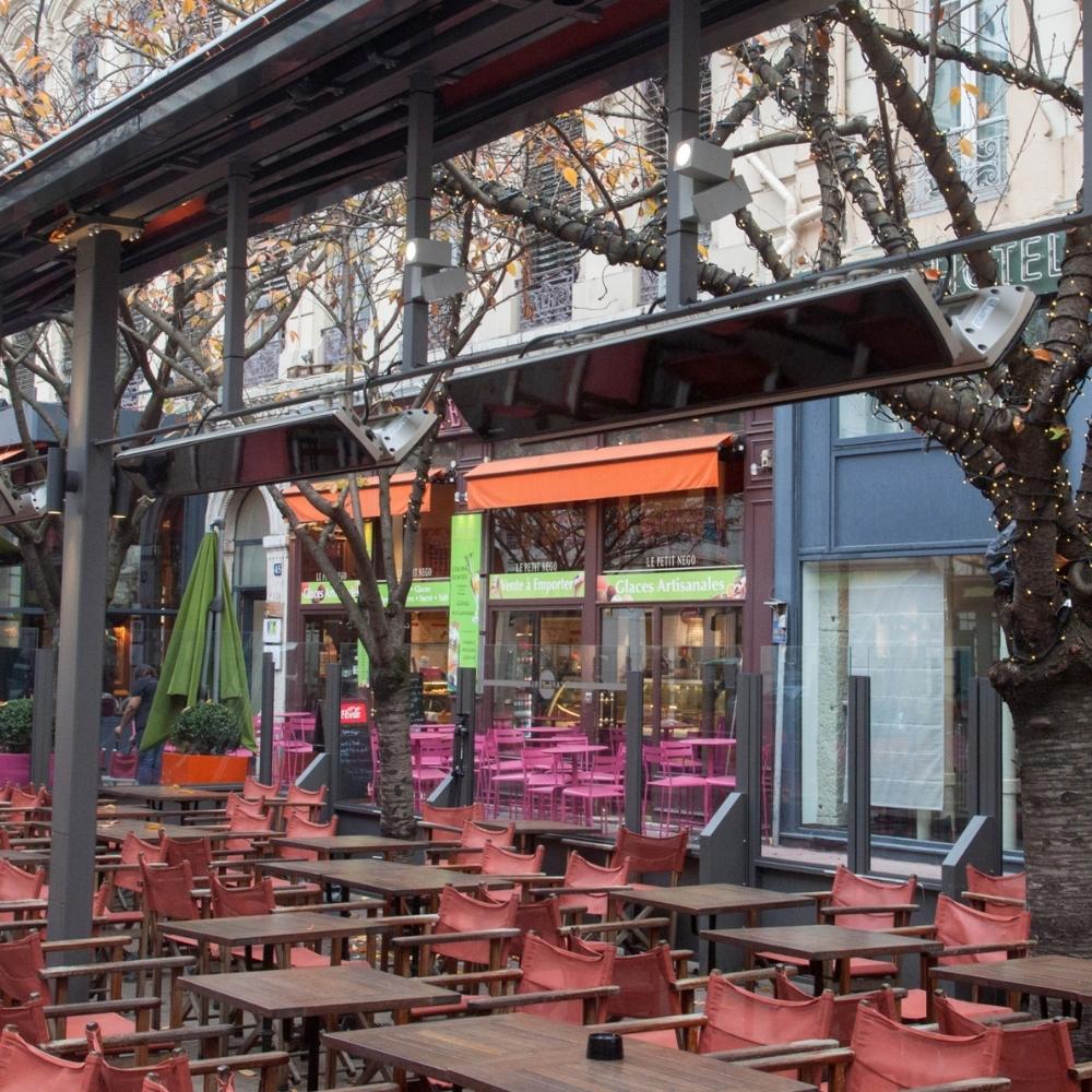 Heatscope Vision 65&quot; Black Electric Heaters in Restaurant Outdoor Dining Area