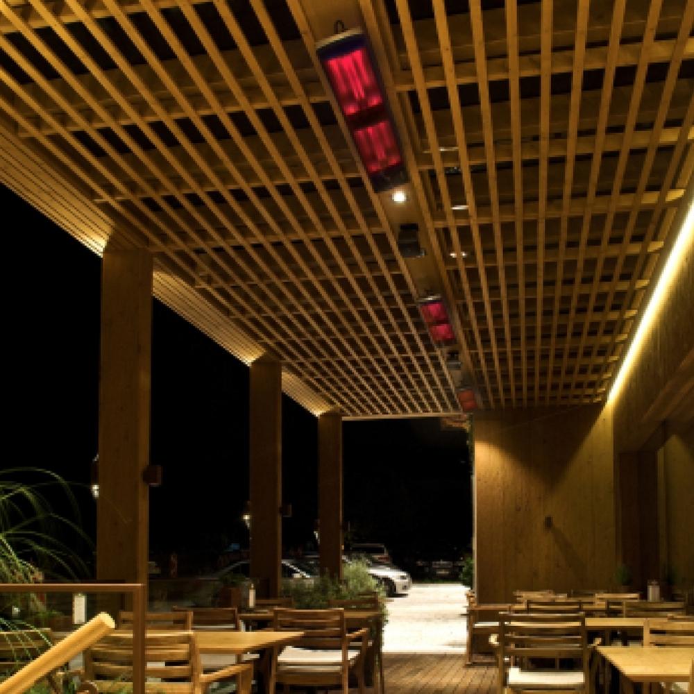 Heatscope Vision 65&quot; Black Electric Heaters in Restaurant Outdoor Dining Area