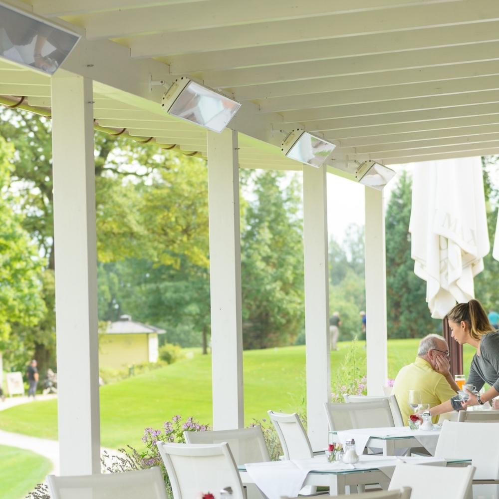 Heatscope Vision 65&quot; White Electric Heaters in Outdoor Dining Area