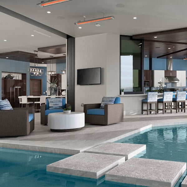 infratech cd electric patio heater ceiling mounted in lavish outdoor space with pool - installation view