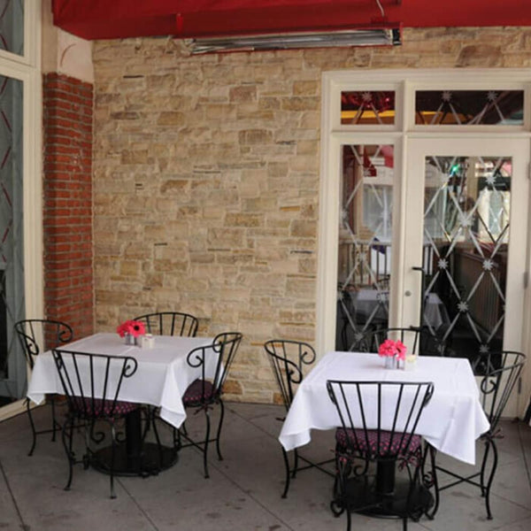 Infratech W Series Electric Heater Ceiling Mounted in Restaurant Outdoor Dining Area - close-up view