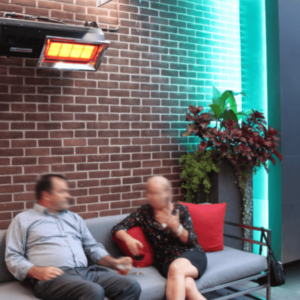 IR Energy Black Habanero Gas Patio Heater Mounted Indoors Above Couch - detail view