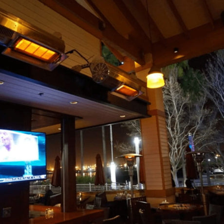 IR Energy Habanero Stainless Steel Ceiling Mounted Natural Gas Patio Heater in a bar - side view