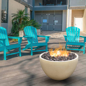 Modern Blaze 36-Inch Round Spanish White Concrete Fire Bowl on patio deck