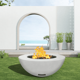 modern blaze round arctic fire bowl with smooth surface in a light outdoor setting - side view