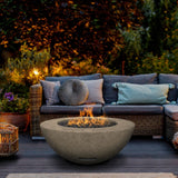 Modern Blaze Round Bone GFRC Gas Fire Bowl in Outdoor Patio - angle view