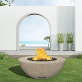 modern blaze round bone fire bowl with textured surface in a light outdoor setting - angle view
