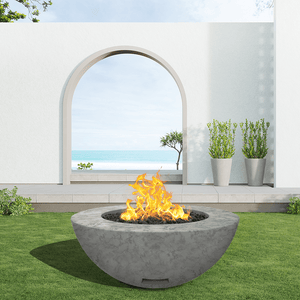 modern blaze round slate fire bowl with textured surface in a light outdoor setting