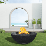 modern blaze round raven fire bowl with textured surface in a light outdoor setting