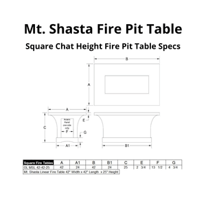 Mt. Shasta Square Chat Height Fire Pit Table Specs