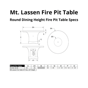 Mt. St. Lassen Dining Fire Pit Table Specs