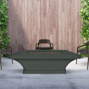 Modern Blaze Mt. Shasta Slate Chat Height Fire Pit Table in a lush patio setting
