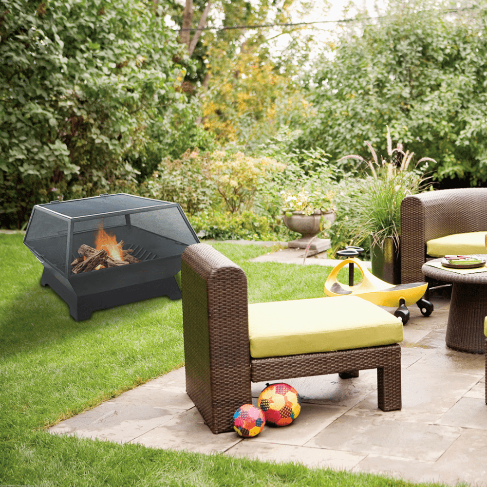 modern blaze rectangular steel fire pit in garden