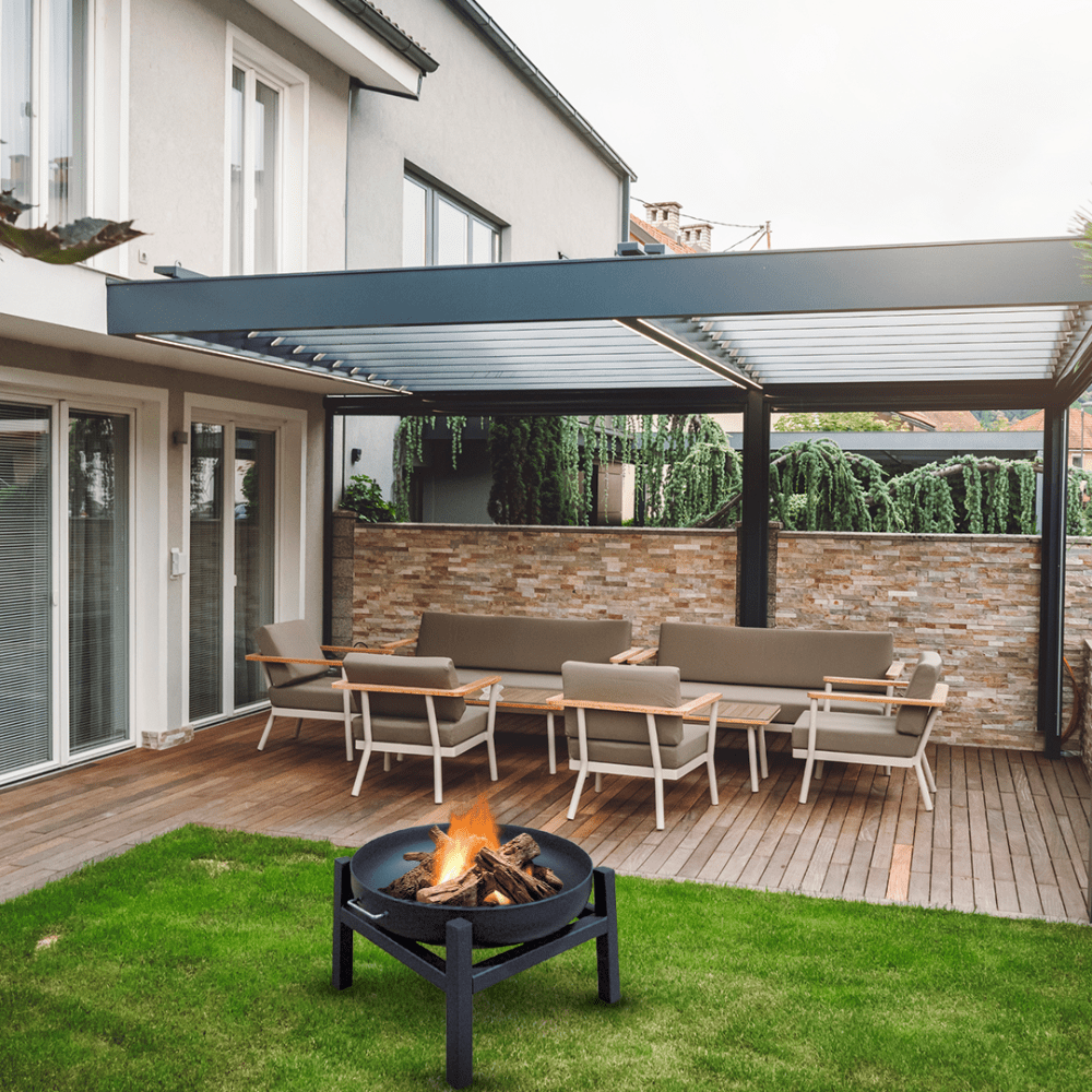 modern blaze round steel fire pit in a cozy patio setting