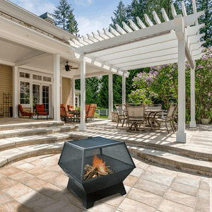 modern blaze square steel fire pit in patio with pergola