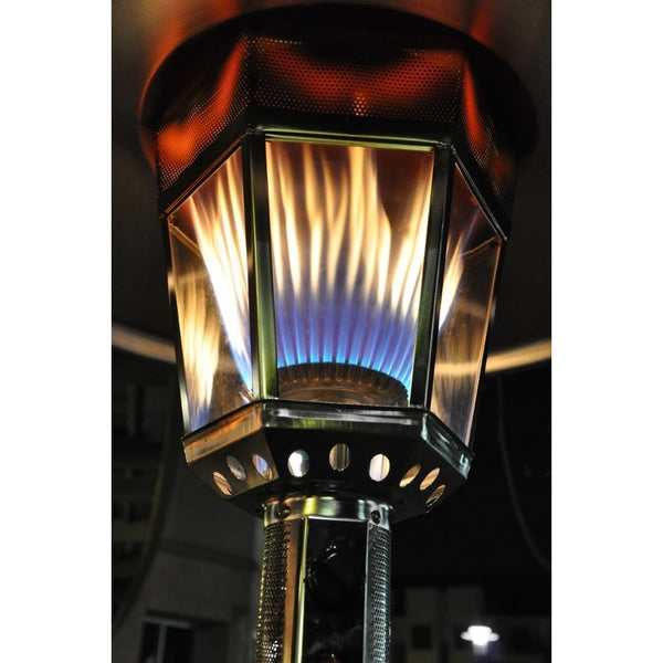 RADtec Allure Real Flame Antique Bronze Patio Heater Lighted Up Outdoors