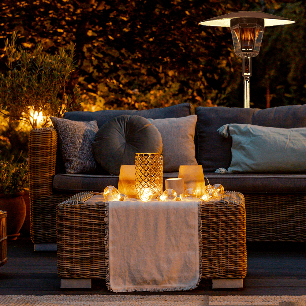 RADtec Real Flame Stainless Steel Patio Heater in seating area