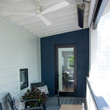 2 radtec design/e series infrared electric heaters ceiling mounted in a balcony - detail view