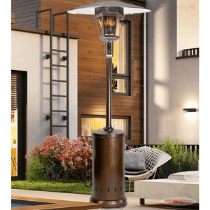RADtec Real Flame 96-Inch Antique Bronze Natural Gas Patio Heater in backyard