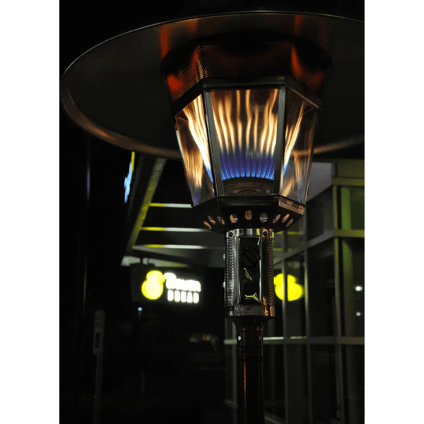 RADtec Real Flame Natural Gas Patio Heater Lighted Up Outdoors