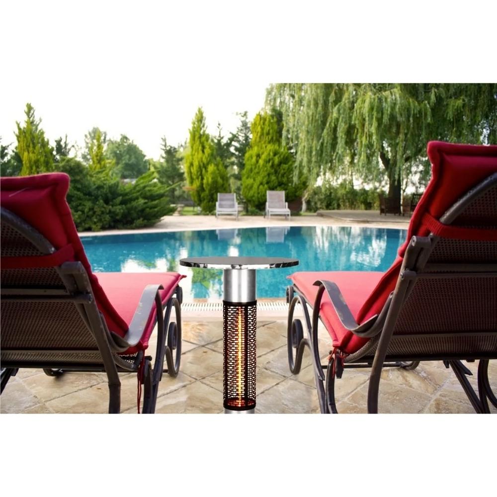 RADtec Small Bistro Square 24" 1500W 110V Infrared Table Heater Beside A Pool