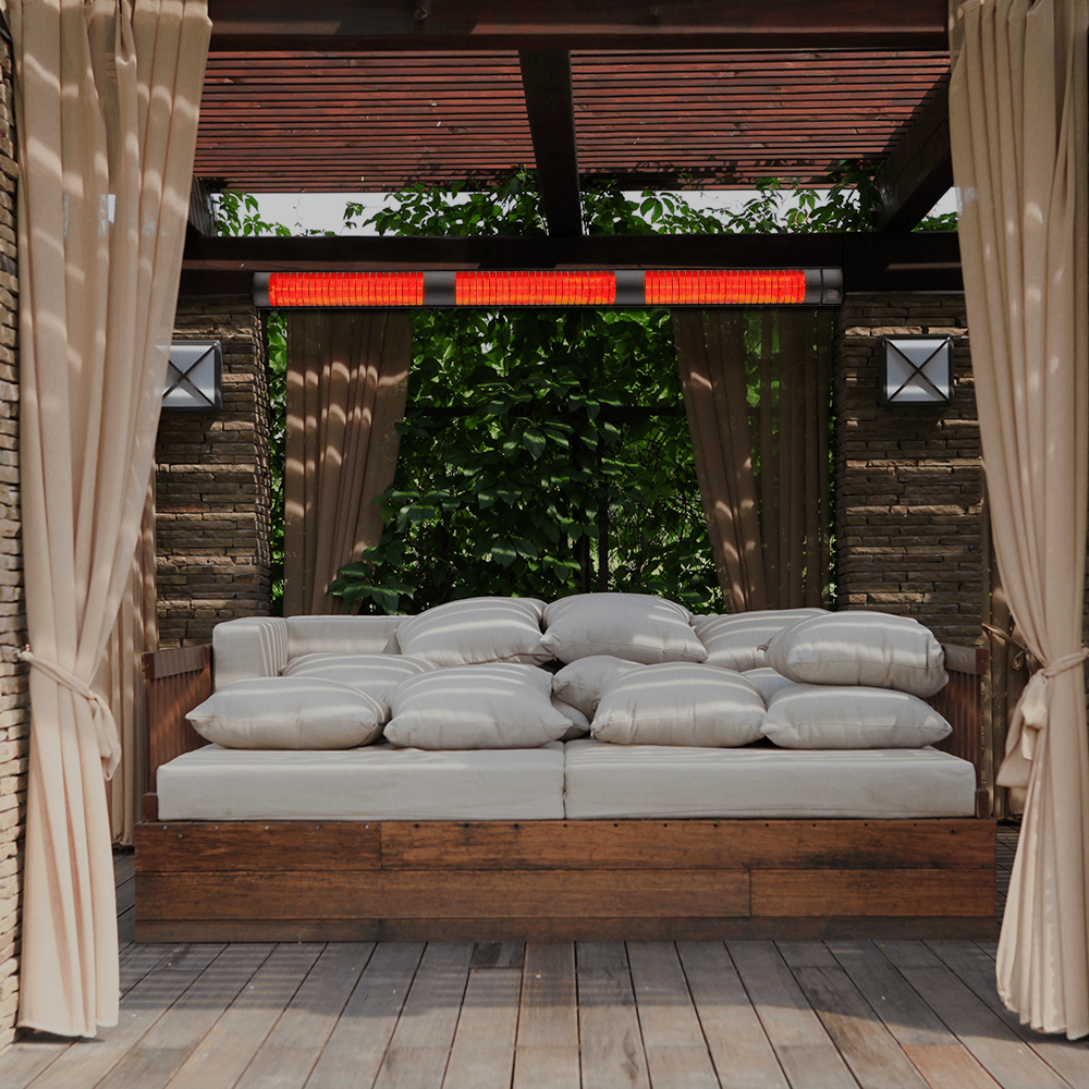 RADtec Torrid Series Infrared Electric Heater in a cozy pergola outdoor setting - side view