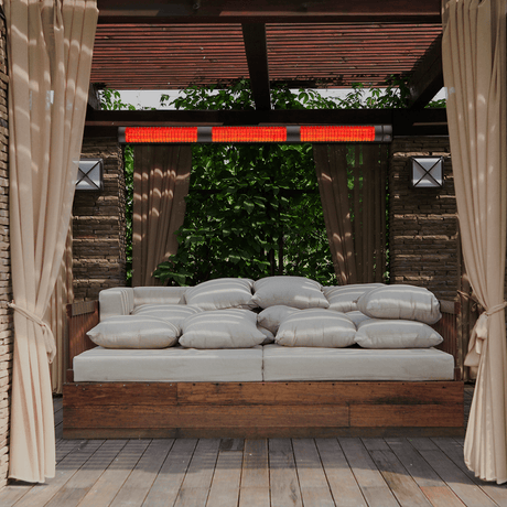 RADtec Torrid Series Infrared Electric Heater in a cozy pergola outdoor setting - side view