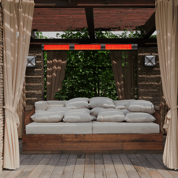 RADtec Torrid Series Infrared Electric Heater in a cozy pergola outdoor setting - side view