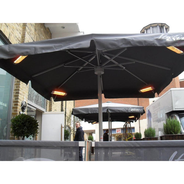 SUNHEAT 19" 1500W 120V Infrared Electric Heaters in Silver Underneath Umbrella