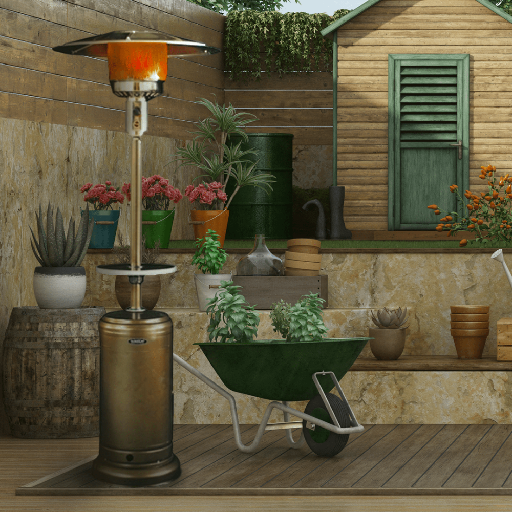 SUNHEAT Round Golden Hammered Portable Propane Patio Heater in backyard