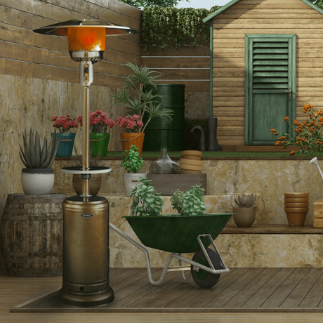 SUNHEAT Round Golden Hammered Portable Propane Patio Heater in backyard