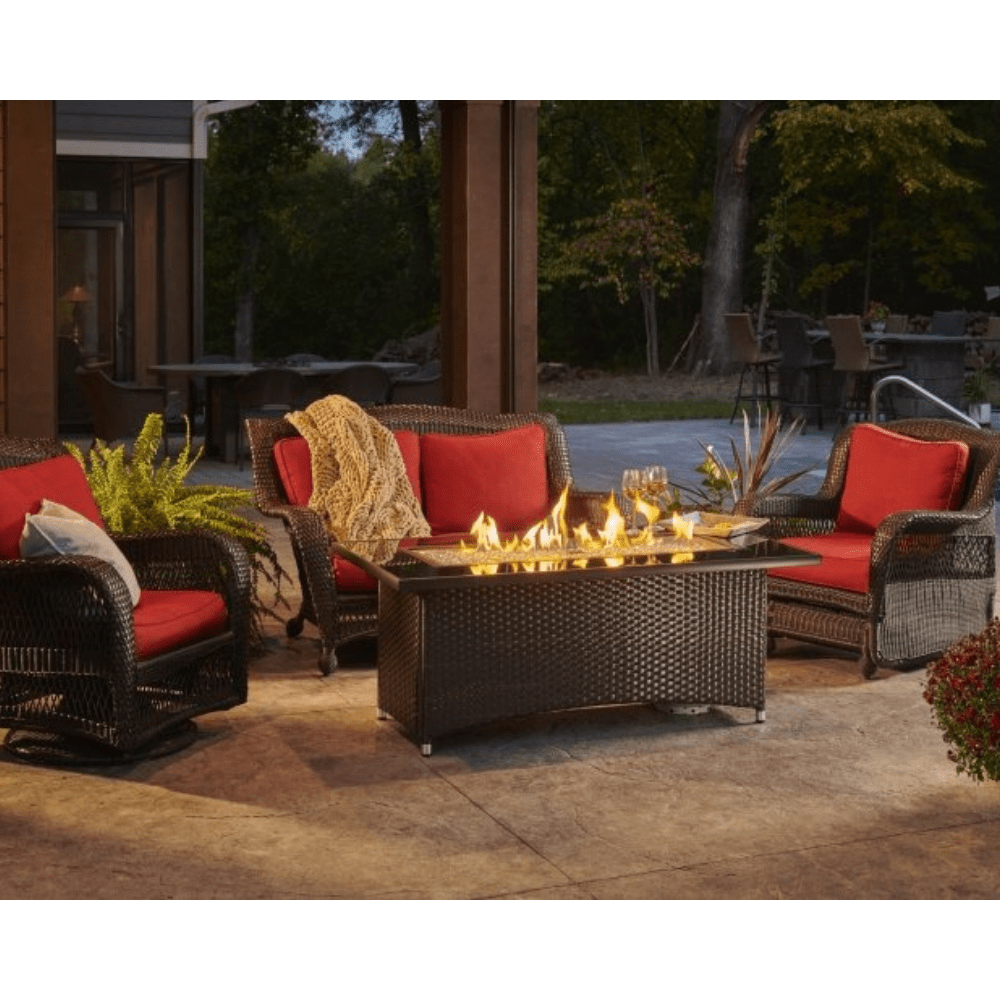 The Outdoor GreatRoom Company Balsam Montego 59&quot; Linear Gas Fire Pit Table at night