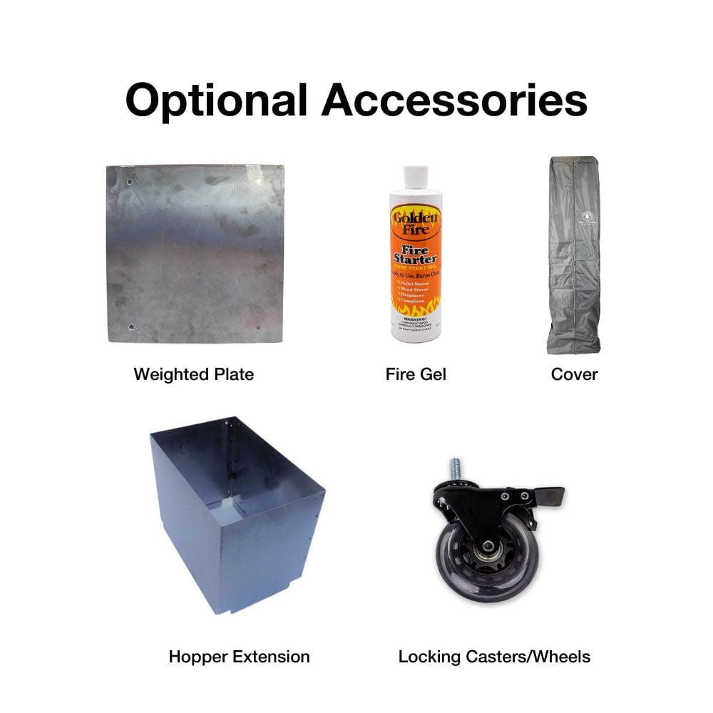 timber stoves weighted plate, fire gel, cover, wheels, and hopper extension