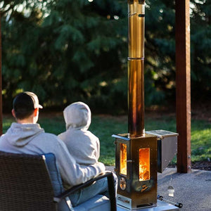 Father and son enjoying the Timber Stoves Big Timber Pellet Heater in their backyard