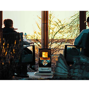 Timber Stoves Lil' Timber Stainless Steel Portable Pellet Patio Heater under a gazeebo